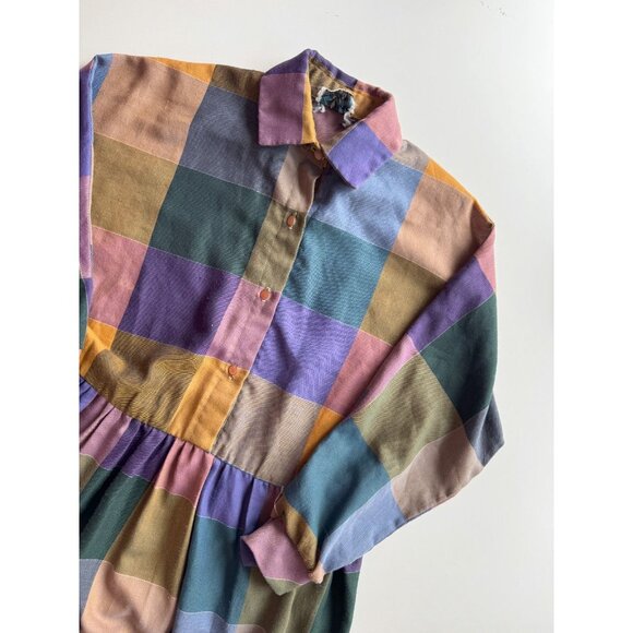 Vintage 70's SANDY PETlTES Check Polyester Flannel Fit & Flare Dress, Size L - Picture 7 of 15